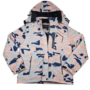 Pooluly Women's Pink Camo Ski Winter Waterproof Hooded Snowboarding Jacket, Sz M